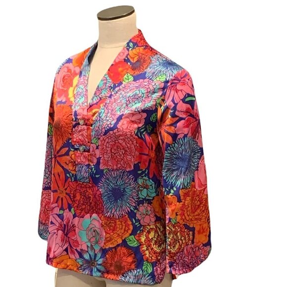 NATORI Womens Polyester Satin Top Colorful Floral Print Kimono Sleeve XS 210N - Picture 4 of 8